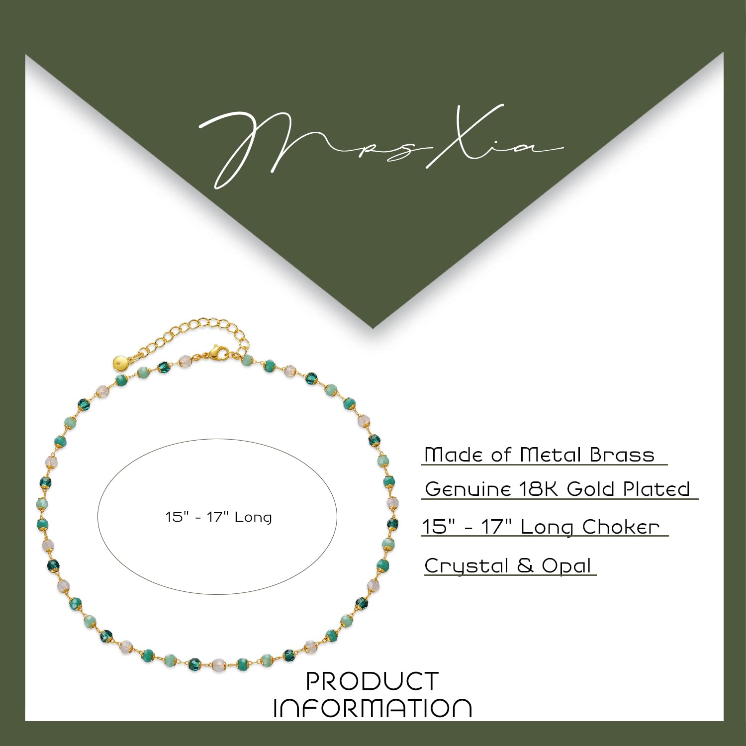 MRSXIA Choker Necklace for Women Gold Green Opal Beads Crystal 18K Gold Filled Dainty Handmade Chain Simple Jewelry