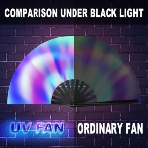 OMyTea UV Glow Rave Fan Foldable for Women/Men/Drag Queen - Large Clack Festival Folding Hand Fan - for EDM, Music Festival, Event, Party, Dance, Performance (Aurora)