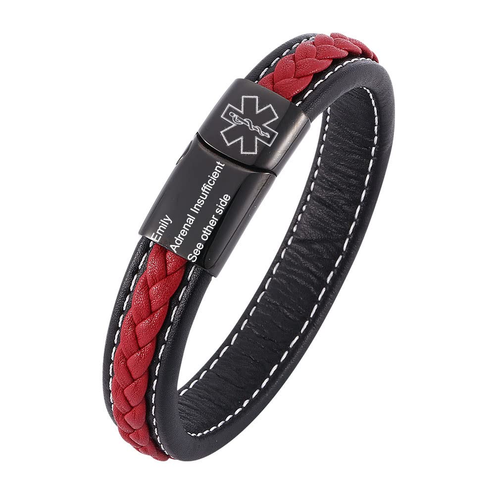 AluoWang Personalized Leather Medical Alert Bracelets for Men & Women with Free Engraving Stainless Steel Emergency Medical ID Bracelets for Family Medical Warning Bracelet (Red+Black)