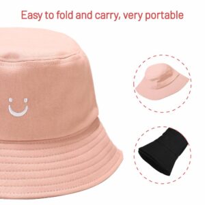 Cotton Bucket Hat for Women Men Summer Travel Sun Beach Bucket Cap, Unisex Outdoor Fisherman Hat (Smiling Face Pink)