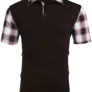 CHOMOLEZA Men's Casual Short Sleeve Polo Shirt Classic Plaid Collar Slim Fit T-Shirt Coffee M