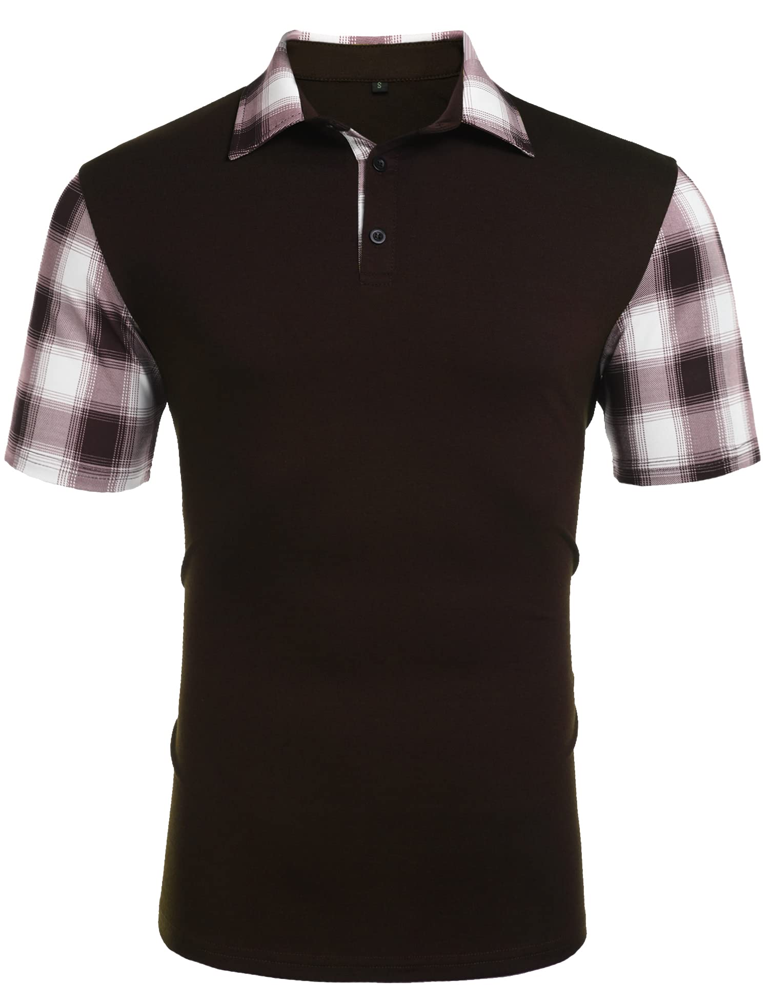 CHOMOLEZA Men's Casual Short Sleeve Polo Shirt Classic Plaid Collar Slim Fit T-Shirt Coffee M