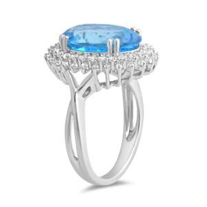 Jewelili Sterling Silver 14x10 MM Oval Swiss Blue Topaz and Round Created White Sapphire Solitaire Ring Size 7