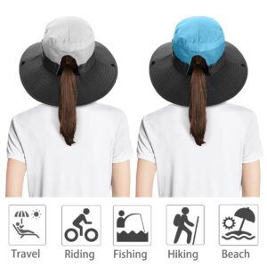 IYEBRAO 2 Pack Womens Ponytail Sun Hat UV Protection Bucket Hats Foldable Wide Brim Summer Boonie Beach Cap Fishing Hiking(Beige & Sky Blue)