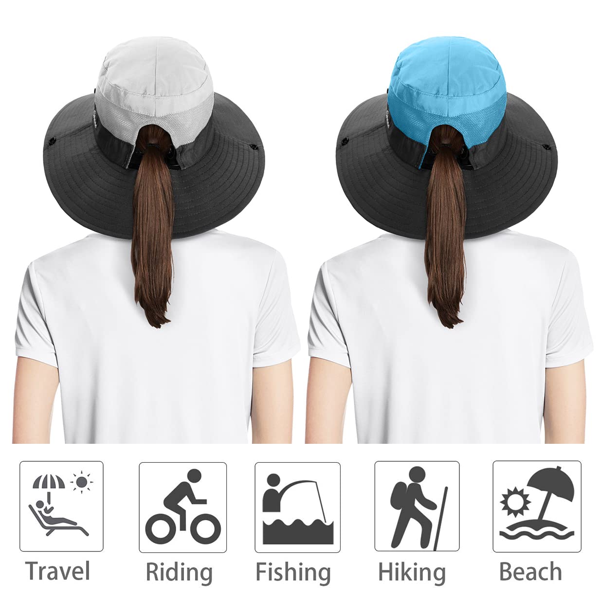 IYEBRAO 2 Pack Womens Ponytail Sun Hat UV Protection Bucket Hats Foldable Wide Brim Summer Boonie Beach Cap Fishing Hiking(Beige & Sky Blue)