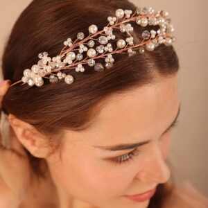 Kercisbeauty Wedding Bridal Pearl and Crystal Rose Gold Hair Tiaras Boho Cute Beaded Princess Crown Banquet Party Special Occasion Handmade Jewelry for Women Girls (Rose Gold)