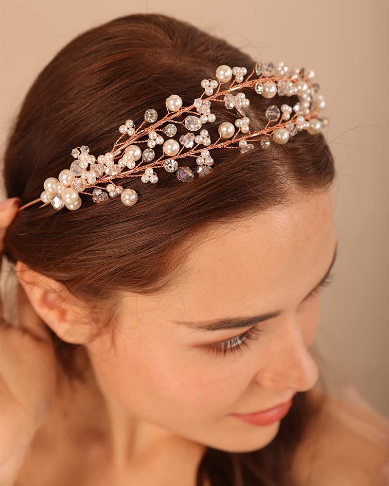 Kercisbeauty Wedding Bridal Pearl and Crystal Rose Gold Hair Tiaras Boho Cute Beaded Princess Crown Banquet Party Special Occasion Handmade Jewelry for Women Girls (Rose Gold)