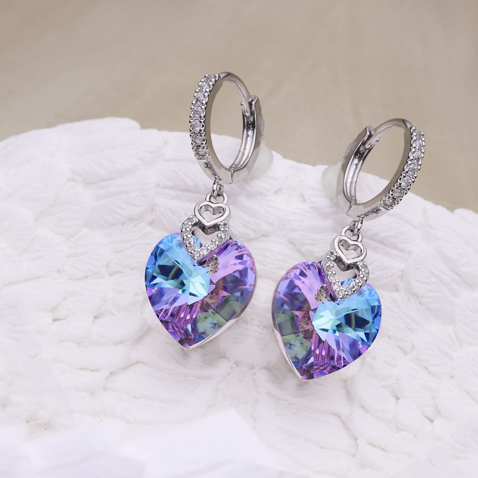 S925 Sterling Silver Heart Dangle Drop Hoop Earrings for Women Multicolored Crystal Cubic Zirconia Purple Amethyst Dangling Earrings Fine Jewelry Gifts for Her (purple)