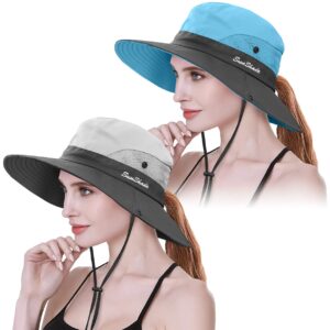 iyebrao 2 pack womens ponytail sun hat uv protection bucket hats foldable wide brim summer boonie beach cap fishing hiking(beige & sky blue)