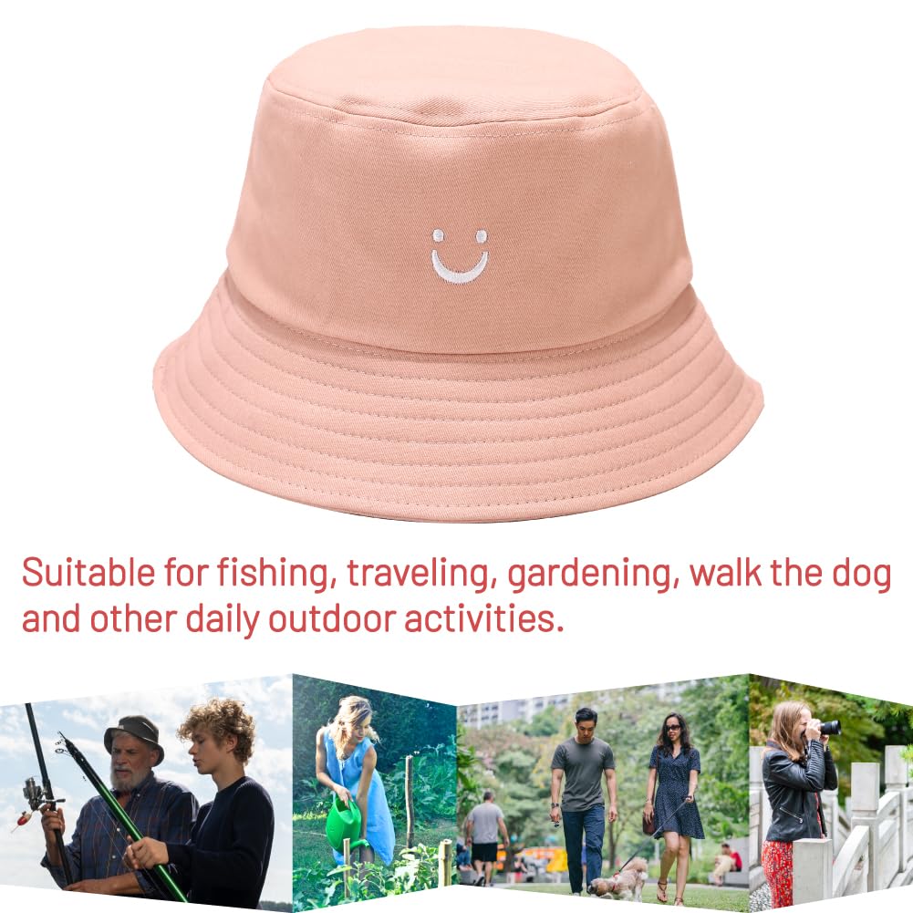 Cotton Bucket Hat for Women Men Summer Travel Sun Beach Bucket Cap, Unisex Outdoor Fisherman Hat (Smiling Face Pink)