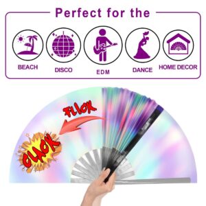 OMyTea UV Glow Rave Fan Foldable for Women/Men/Drag Queen - Large Clack Festival Folding Hand Fan - for EDM, Music Festival, Event, Party, Dance, Performance (Aurora)