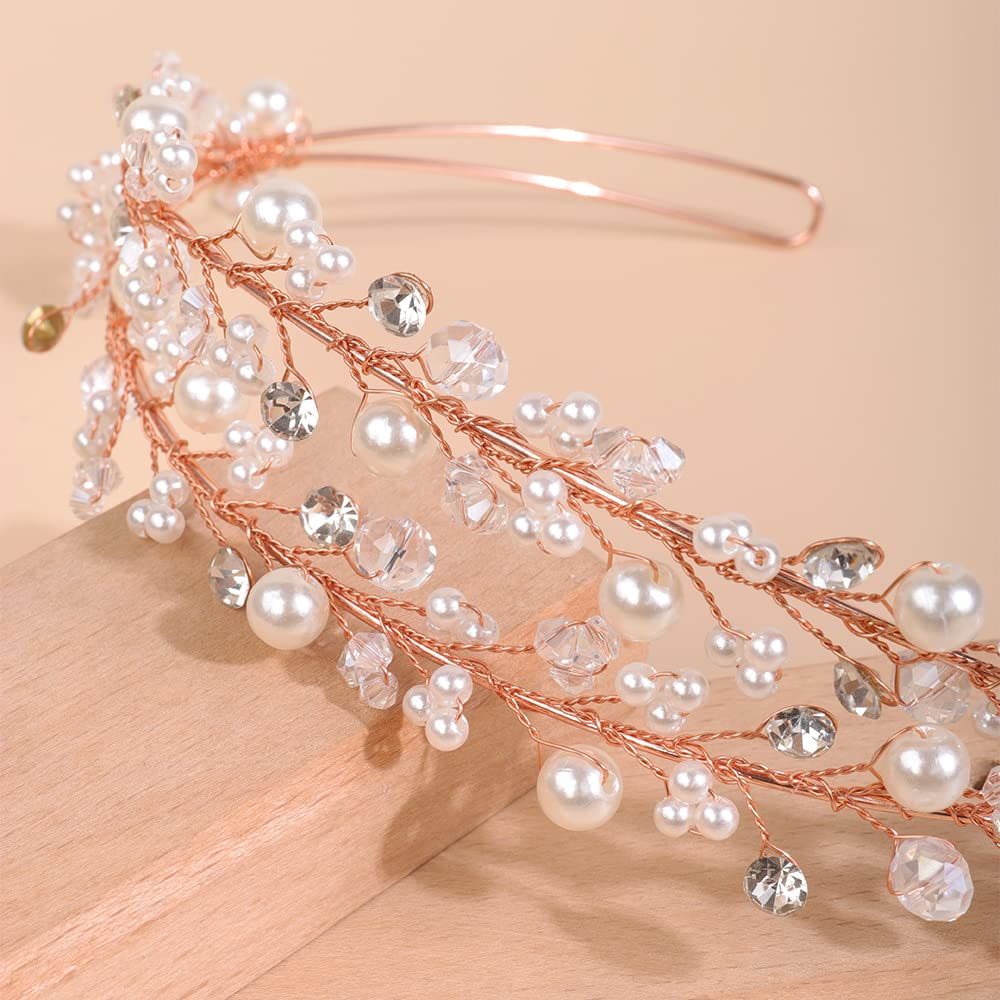 Kercisbeauty Wedding Bridal Pearl and Crystal Rose Gold Hair Tiaras Boho Cute Beaded Princess Crown Banquet Party Special Occasion Handmade Jewelry for Women Girls (Rose Gold)