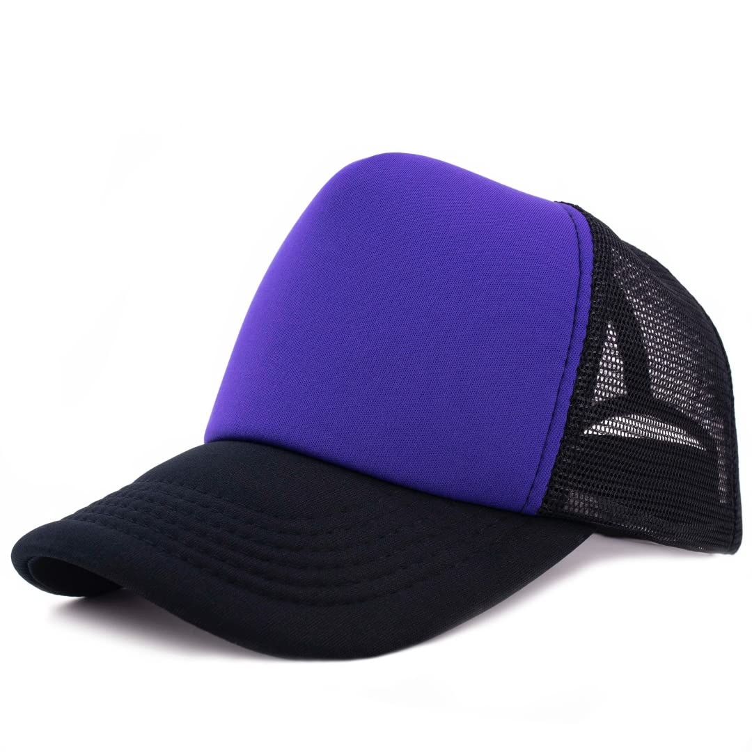 MONOFARBE High Crown Mesh Back Foam Trucker Hat Hip Hop Snapback 5 Panel Sports Baseball Cap Summer Surf Skateboard Hat (Purple)