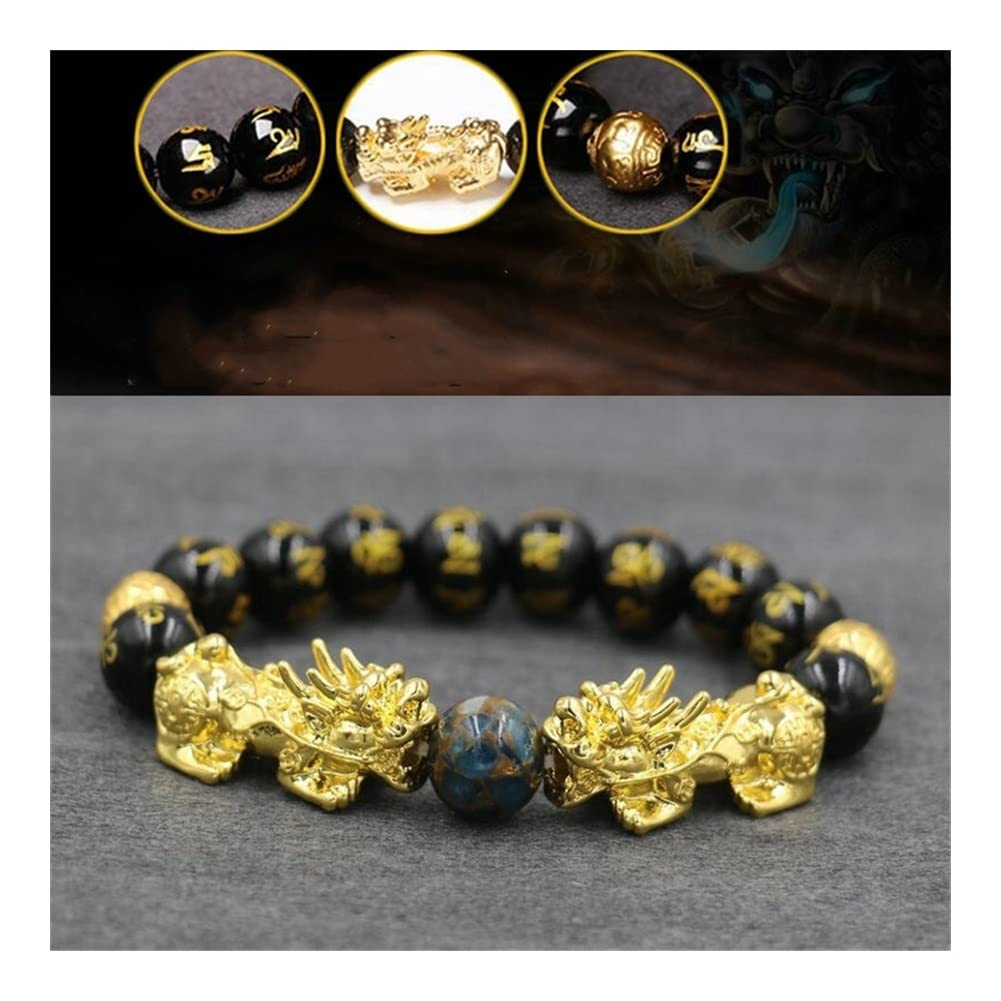 DYLIJU Bracelets Men Wealth Bracelet Feng Shui Pi Xiu Bracelet Stone Beads Black Obsidian Men Women Couples Bracelet Wristband Jewelry Mens Bracelet (Length : 17cm, Metal Color : 09)