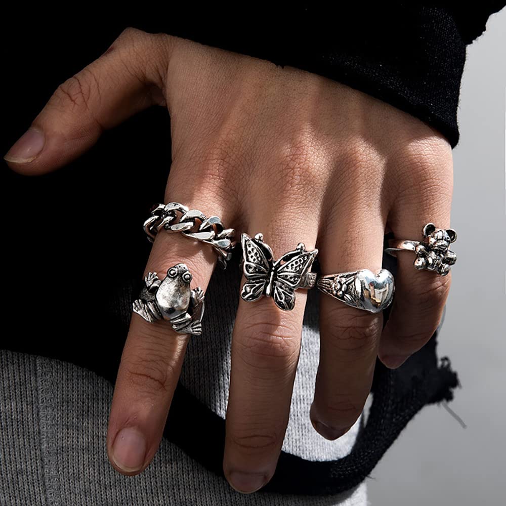 KISS WIFE Cool Rings Set for Women, Vintage Silver Punk Rings Bulk, Gothic Chunky Knuckle Emo Stackable Finger Ring Pack (Gothic)