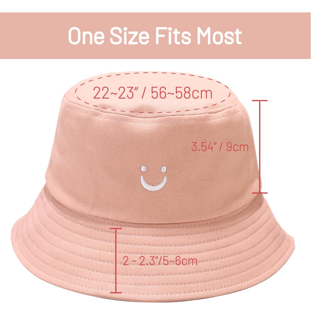 Cotton Bucket Hat for Women Men Summer Travel Sun Beach Bucket Cap, Unisex Outdoor Fisherman Hat (Smiling Face Pink)