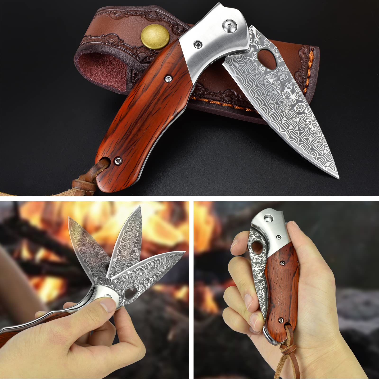 KOMWERO Damascus Pocket Knife for Men, VG10 Core Damascus Steel Folding Knife with Wood Handle, Ball Bearing, Thumb Hole, Liner Lock, Sheath for EDC Outdoor Survival Hunting