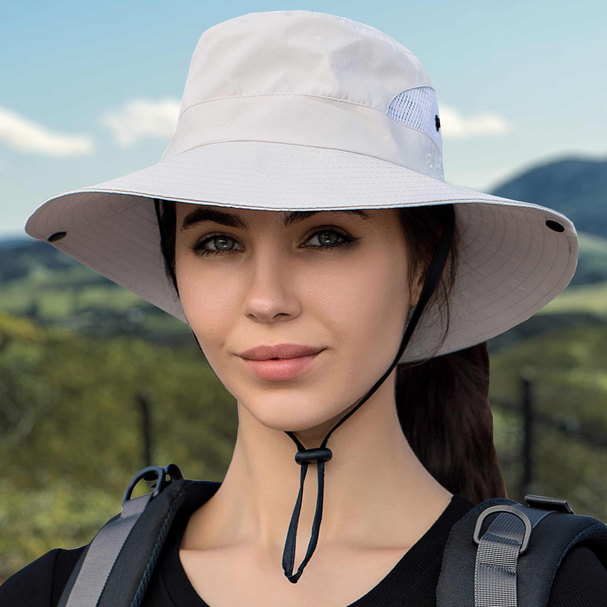 ZEXIAN Women's Sun Hat UV Protection Ponytail Hat for Beach Fishing＆Hiking(Pure Beige & Pure Black)