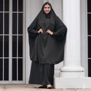 Burkas for Women Muslim Hijab Dress Abayas for Women Muslim Saudi Full Cover Two-piece Prayer Dress Hijab Scarf Full Length Islamic Abaya Set Jilbab for Muslim Women Black One Size