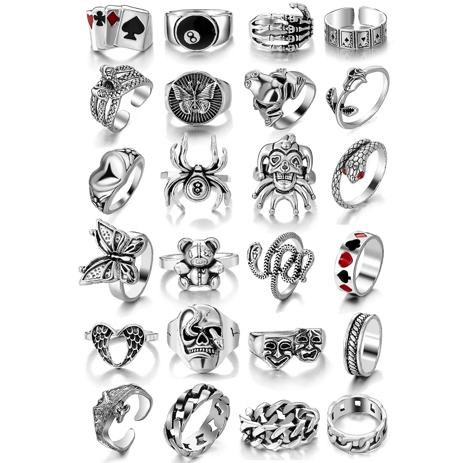 KISS WIFE Cool Rings Set for Women, Vintage Silver Punk Rings Bulk, Gothic Chunky Knuckle Emo Stackable Finger Ring Pack (Gothic)