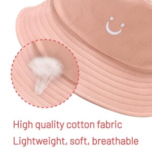 Cotton Bucket Hat for Women Men Summer Travel Sun Beach Bucket Cap, Unisex Outdoor Fisherman Hat (Smiling Face Pink)