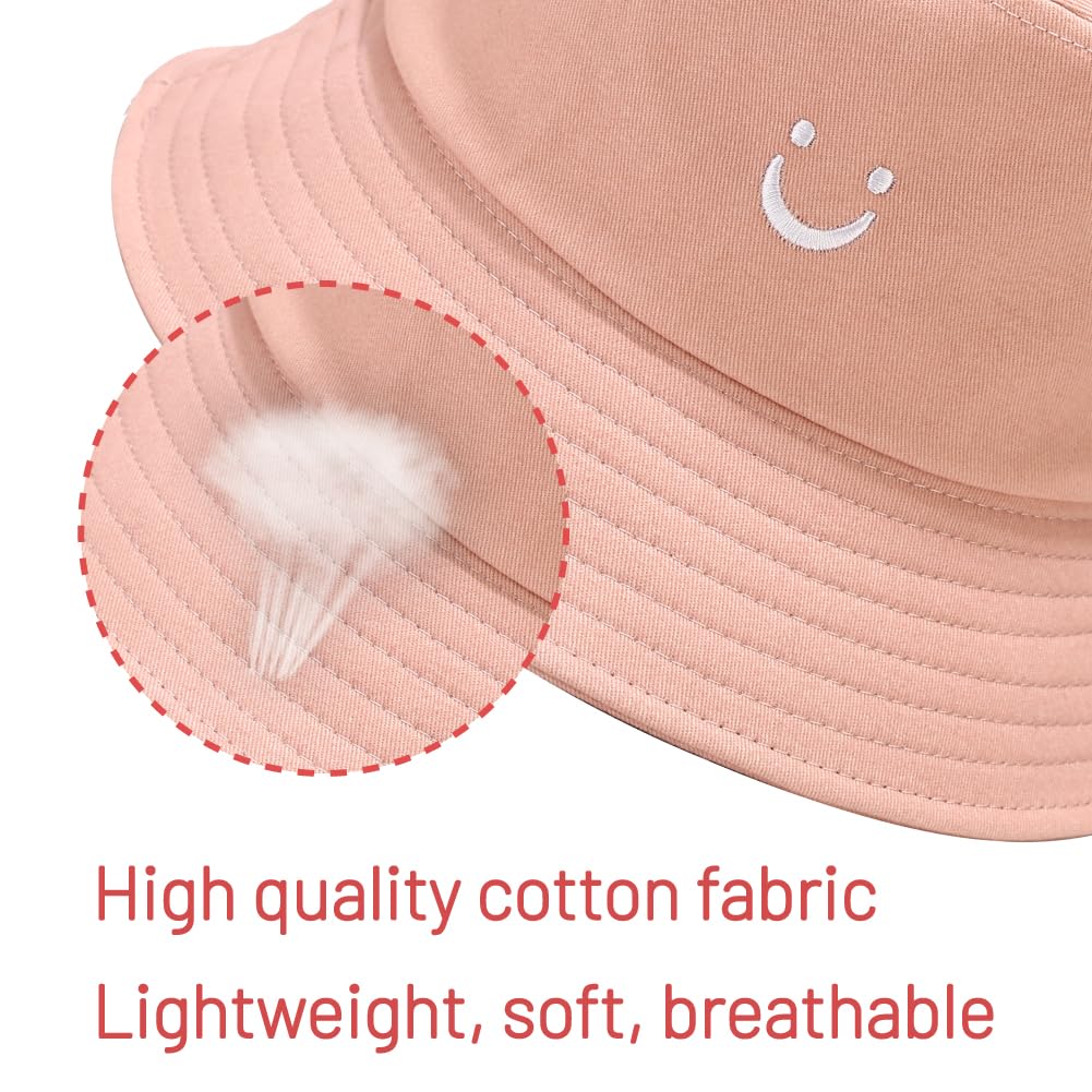 Cotton Bucket Hat for Women Men Summer Travel Sun Beach Bucket Cap, Unisex Outdoor Fisherman Hat (Smiling Face Pink)