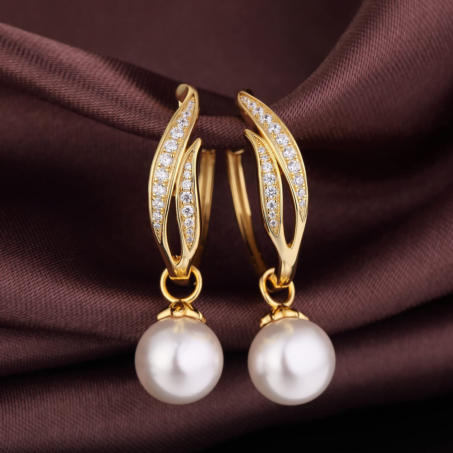 Pearl Hoop Earring Pearl Diamond Earrings Pearl Dangle Earrings Sterling Silver Pearl Earrings for Women Wedding Pearl Earring Huggies Large Gold Pearl Dangling Earring with Pearl 10MM