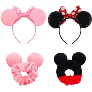 2Pcs Shiny Mouse Ears Headband an2Pcs Sequin Mouse Ears Velvet Scrunchies with Bow Hairs Accessories for Girls Women Adult Kids Birthday Party (Red and pink)