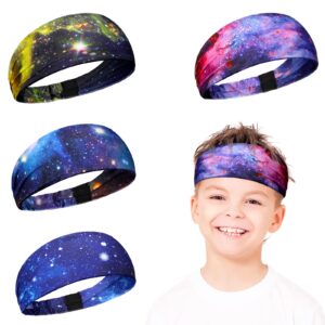 4 pack boys breathable kids athletic sweatbands sports headbands for boys non slip hair band elastic hairband for girls workout yoga gym running exercise (galaxy)