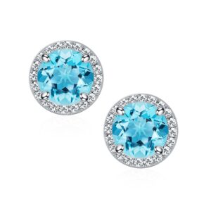 smilest march aquamarine birthstone earrings for women, 925 sterling silver classic halo round cut blue march birthstone stud earrings aquamarine birthstone stud earrings for women birthday gifts