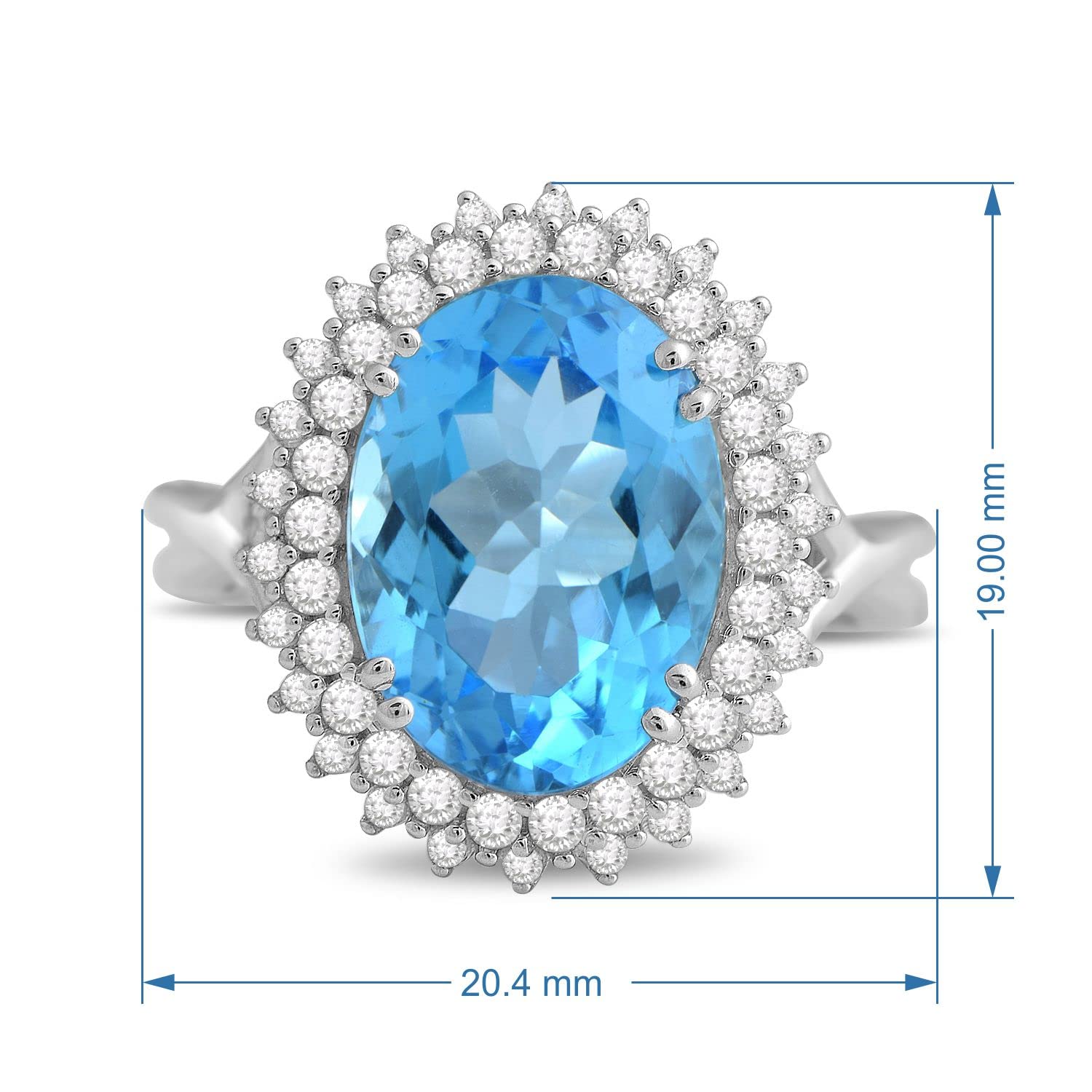 Jewelili Sterling Silver 14x10 MM Oval Swiss Blue Topaz and Round Created White Sapphire Solitaire Ring Size 7