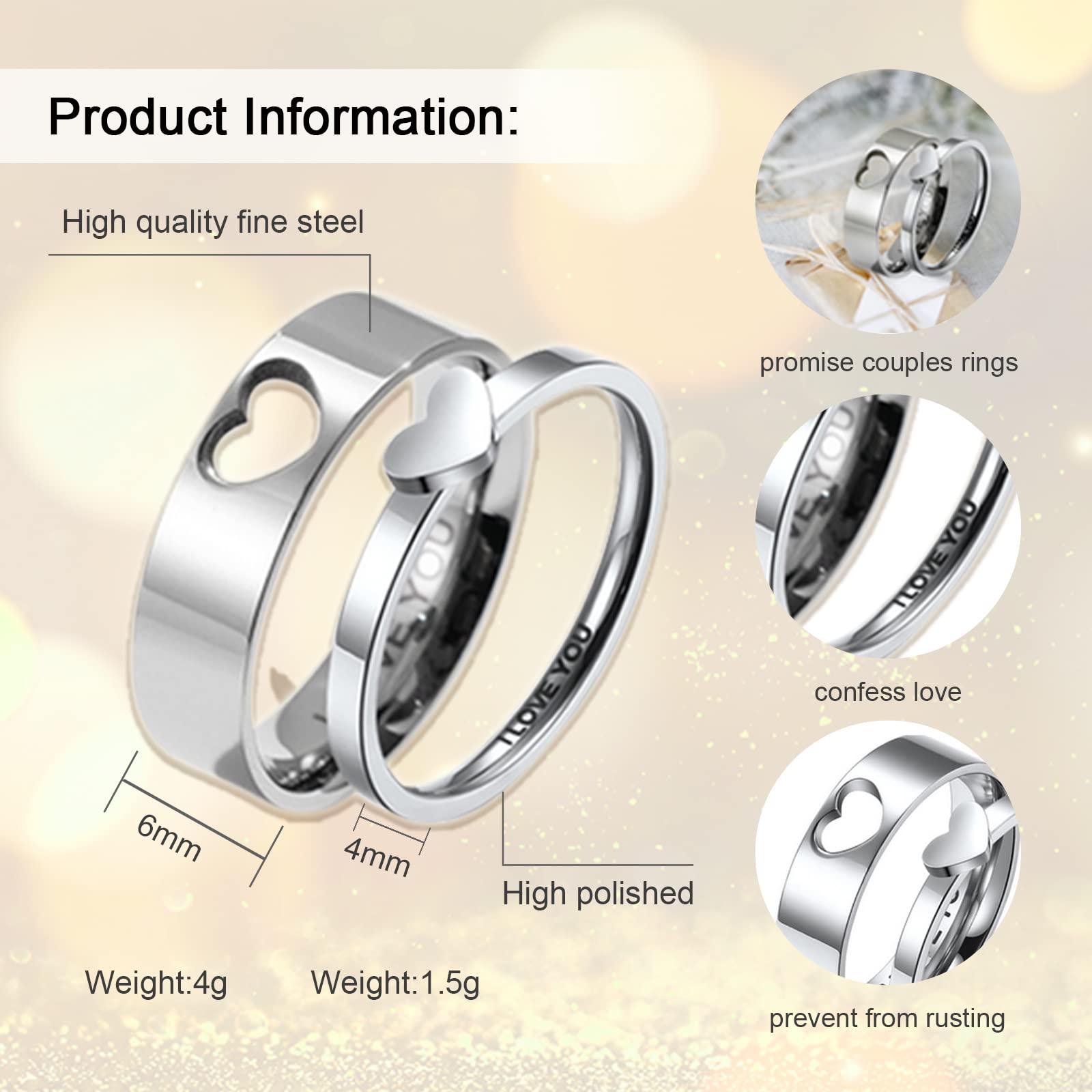 Matching Rings for Couples 2 Piece, Love Heart Band Ring for Wdding Engagement W7M10