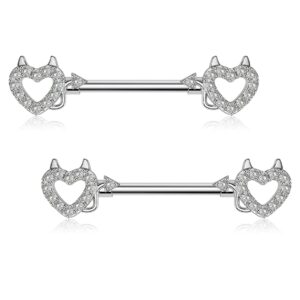 Melighting Devil Nipple Rings 14G Surgical Steel 316L Heart Shape Nipple Barbell CZ Nipple Piercing Jewelry for Women Men Body Piercing Jewelry