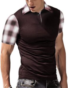 chomoleza men's casual short sleeve polo shirt classic plaid collar slim fit t-shirt coffee m