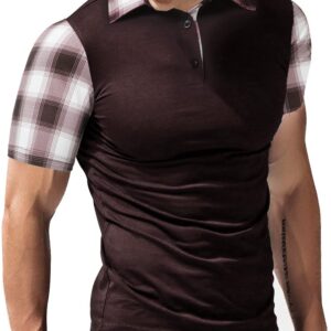 CHOMOLEZA Men's Casual Short Sleeve Polo Shirt Classic Plaid Collar Slim Fit T-Shirt Coffee M