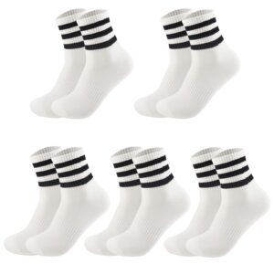 Ultrafun 5 Pairs Unisex Stripe Crew Socks Breathable Athletic Sports Gym School Casual Quarter Ankle Socks for Men Women (5Pairs White-black stripe)