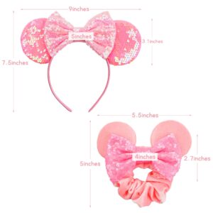 2Pcs Shiny Mouse Ears Headband an2Pcs Sequin Mouse Ears Velvet Scrunchies with Bow Hairs Accessories for Girls Women Adult Kids Birthday Party (Red and pink)