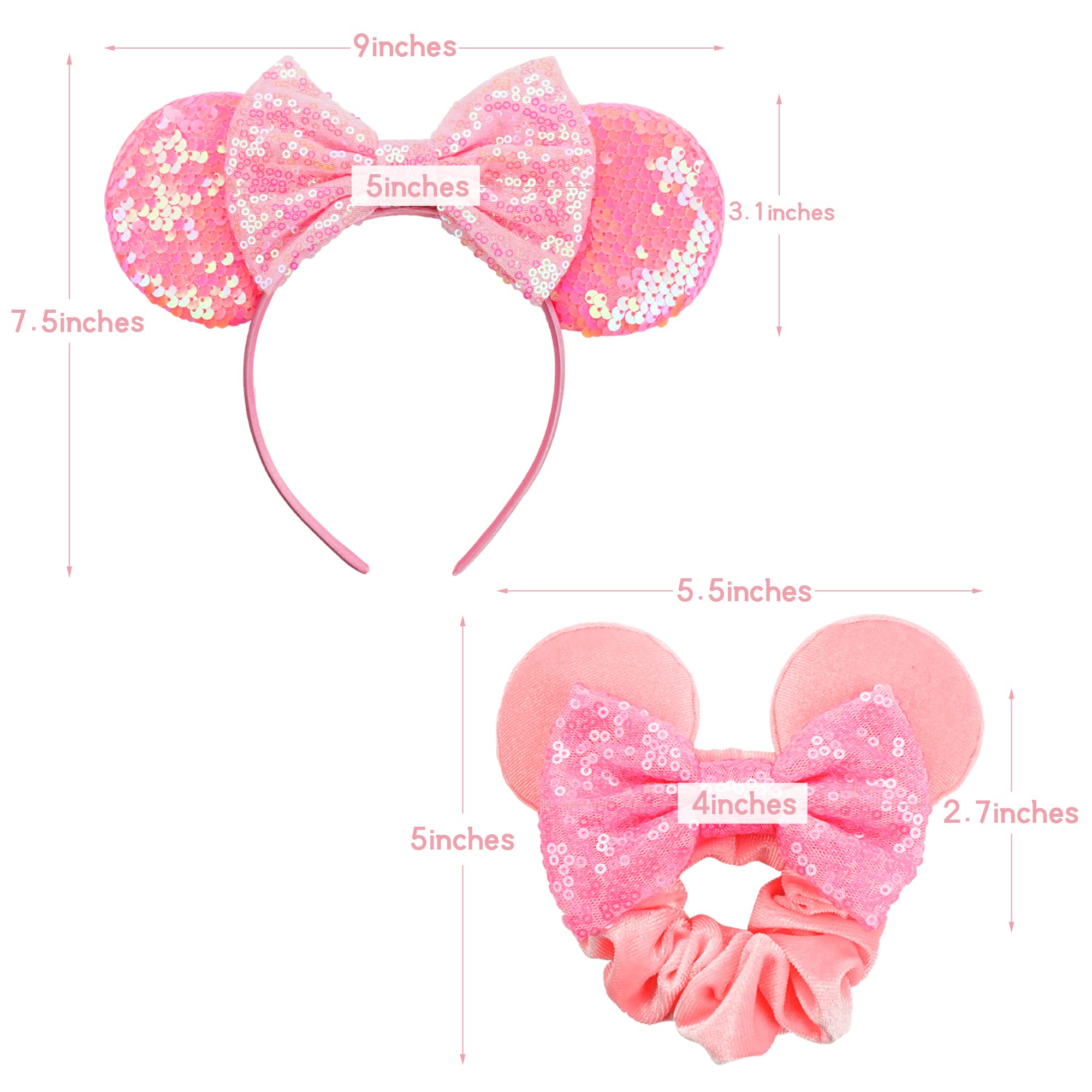 2Pcs Shiny Mouse Ears Headband an2Pcs Sequin Mouse Ears Velvet Scrunchies with Bow Hairs Accessories for Girls Women Adult Kids Birthday Party (Red and pink)