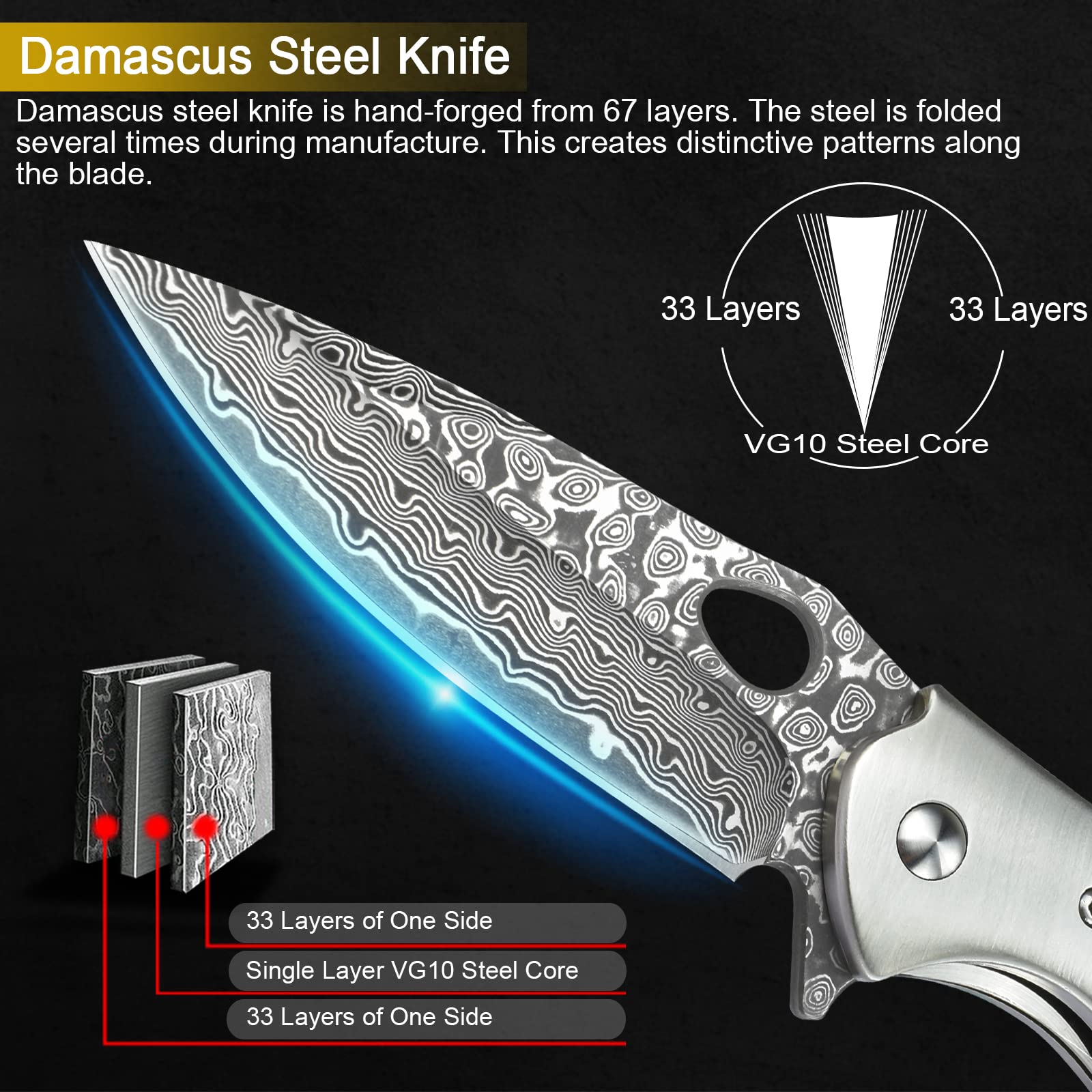 KOMWERO Damascus Pocket Knife for Men, VG10 Core Damascus Steel Folding Knife with Wood Handle, Ball Bearing, Thumb Hole, Liner Lock, Sheath for EDC Outdoor Survival Hunting