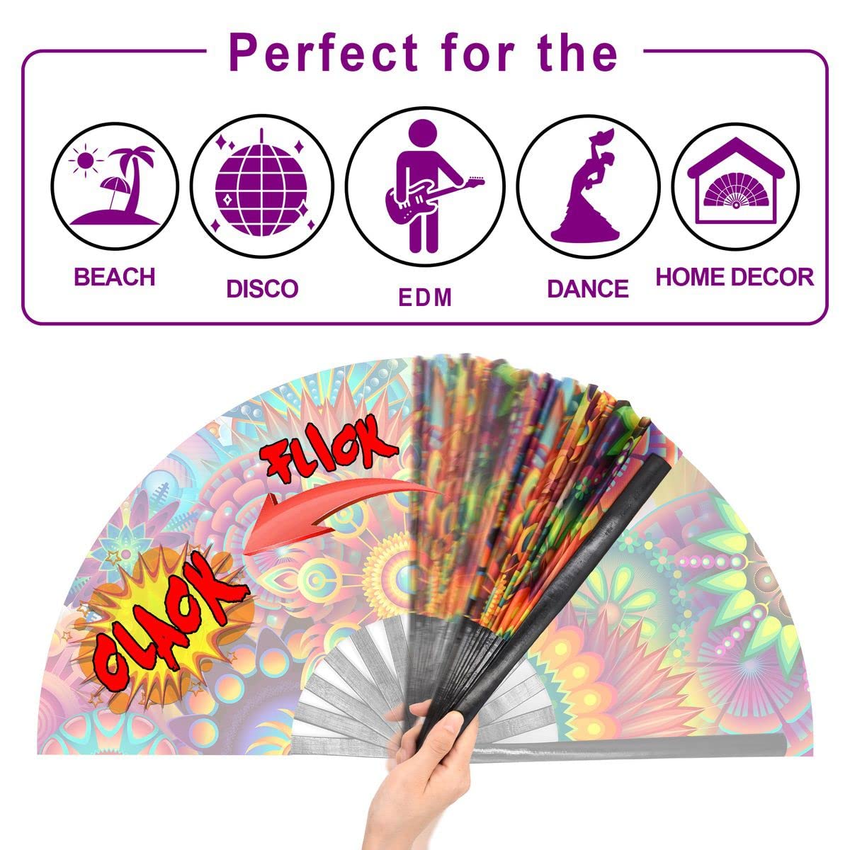 OMyTea UV Glow Rave Fan Foldable for Women/Men/Drag Queen - Large Clack Festival Folding Hand Fan - for EDM, Music Festival, Event, Party, Dance, Performance (Fantasy Flowers)