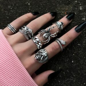 KISS WIFE Cool Rings Set for Women, Vintage Silver Punk Rings Bulk, Gothic Chunky Knuckle Emo Stackable Finger Ring Pack (Gothic)