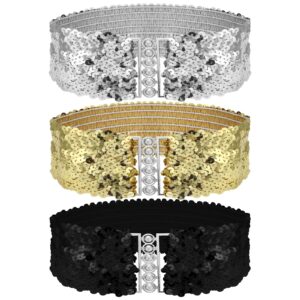 Grevosea 3 Pieces Sequin Belt Dress Belts for Women, Gold Wide Waist Belt Elastic Stretch Waistband Cinch Belt Metal Buckle for 70s 80s Costume Party Disco Party Women Girls (Gold Silver Black)