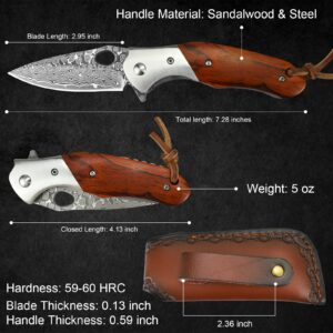 KOMWERO Damascus Pocket Knife for Men, VG10 Core Damascus Steel Folding Knife with Wood Handle, Ball Bearing, Thumb Hole, Liner Lock, Sheath for EDC Outdoor Survival Hunting