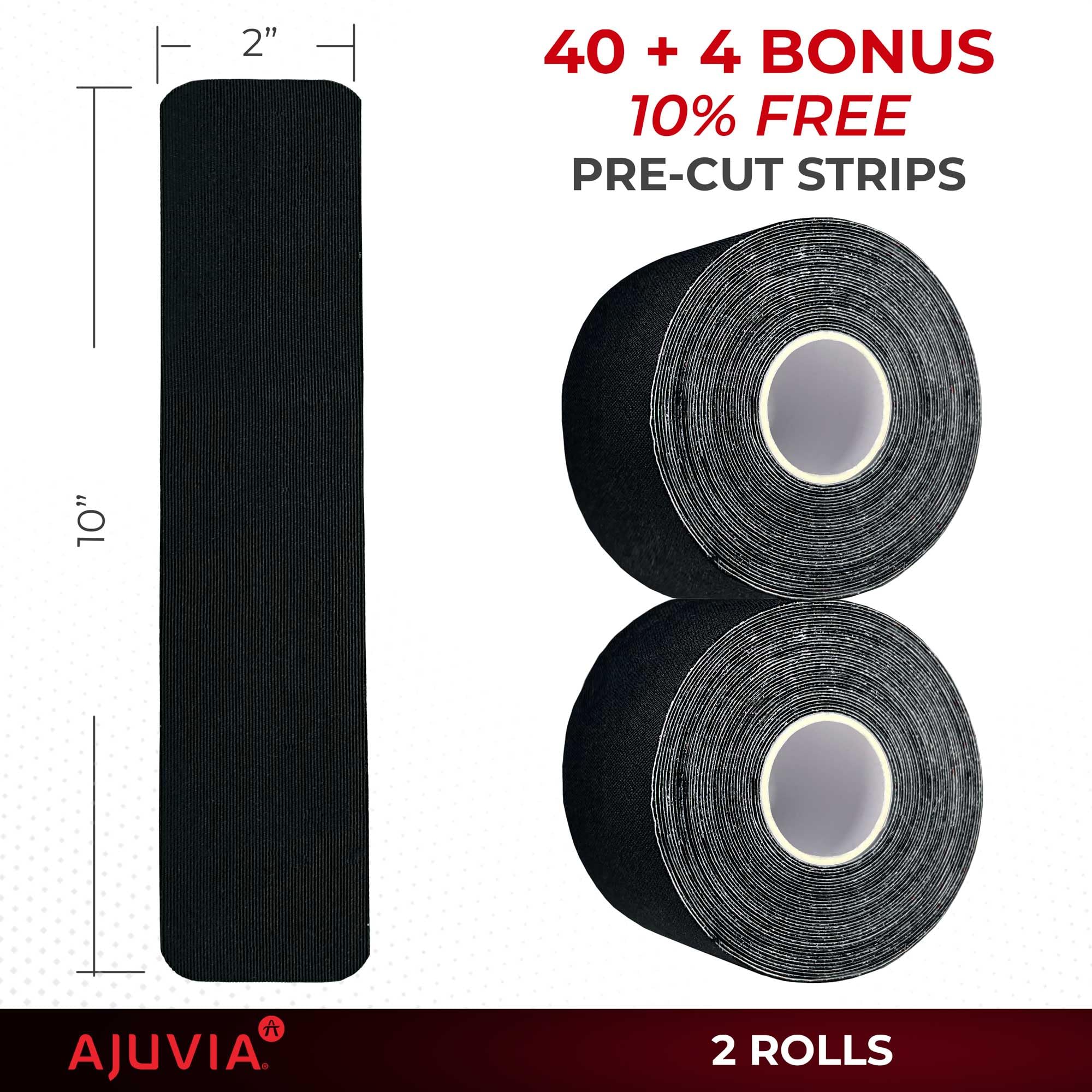 AJUVIA Professional Kinesiology Tape Roll, Premium Synthetic Kt Tape (2 Rolls, 10% Bonus, 40 + 4 Strips Precut) Lasts up to 14 Days, K Tape Precut Strips, Sports Tape Athletic