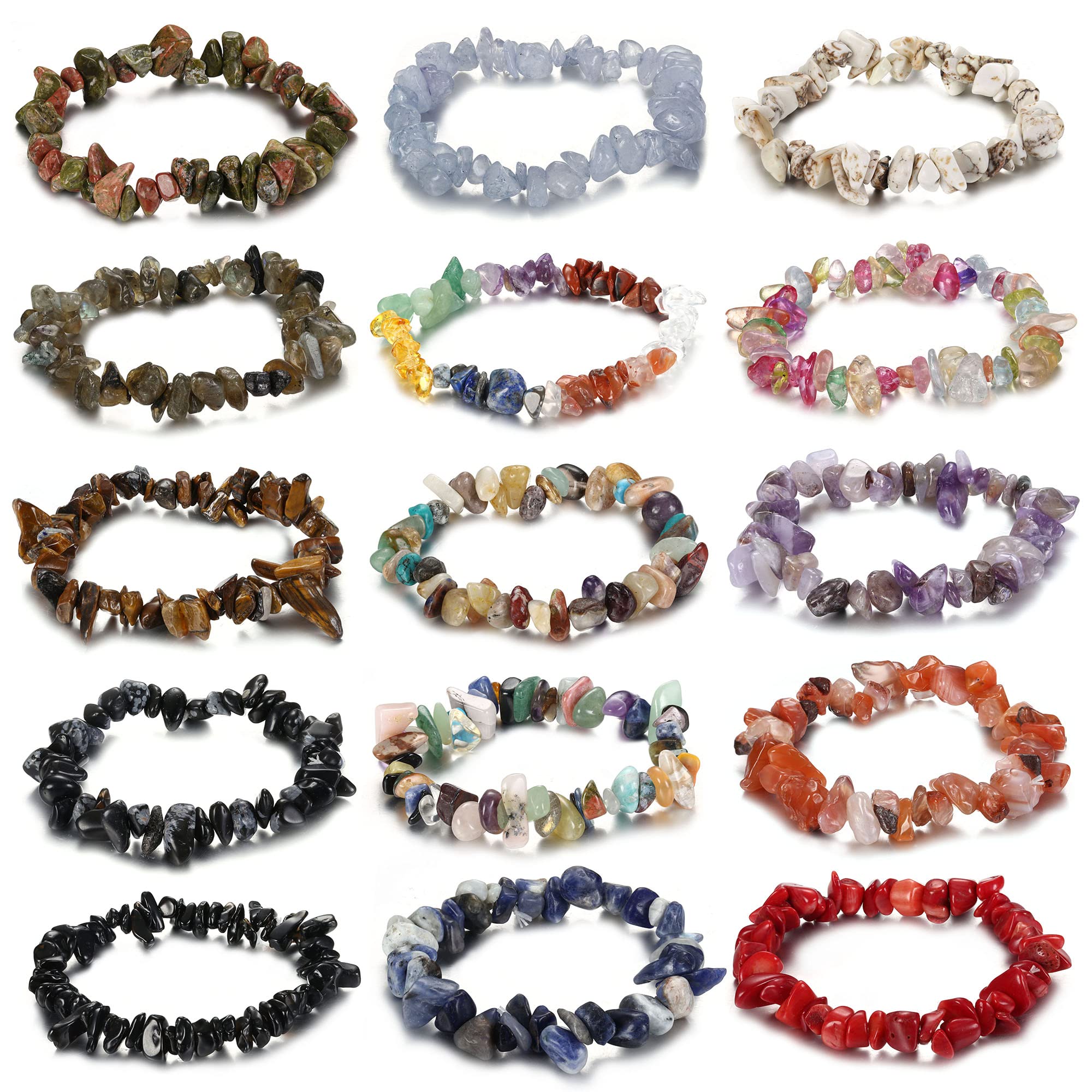 Subiceto 15pcs Natural Gemstone Chakra Crystal Bracelets for Women Men Irregular Tumble Polished Align Gravel Bracelet Colorful Healing Chip Stretch Stone Bracelets Set Dark