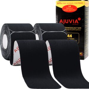 ajuvia professional kinesiology tape roll, premium synthetic kt tape (2 rolls, 10% bonus, 40 + 4 strips precut) lasts up to 14 days, k tape precut strips, sports tape athletic