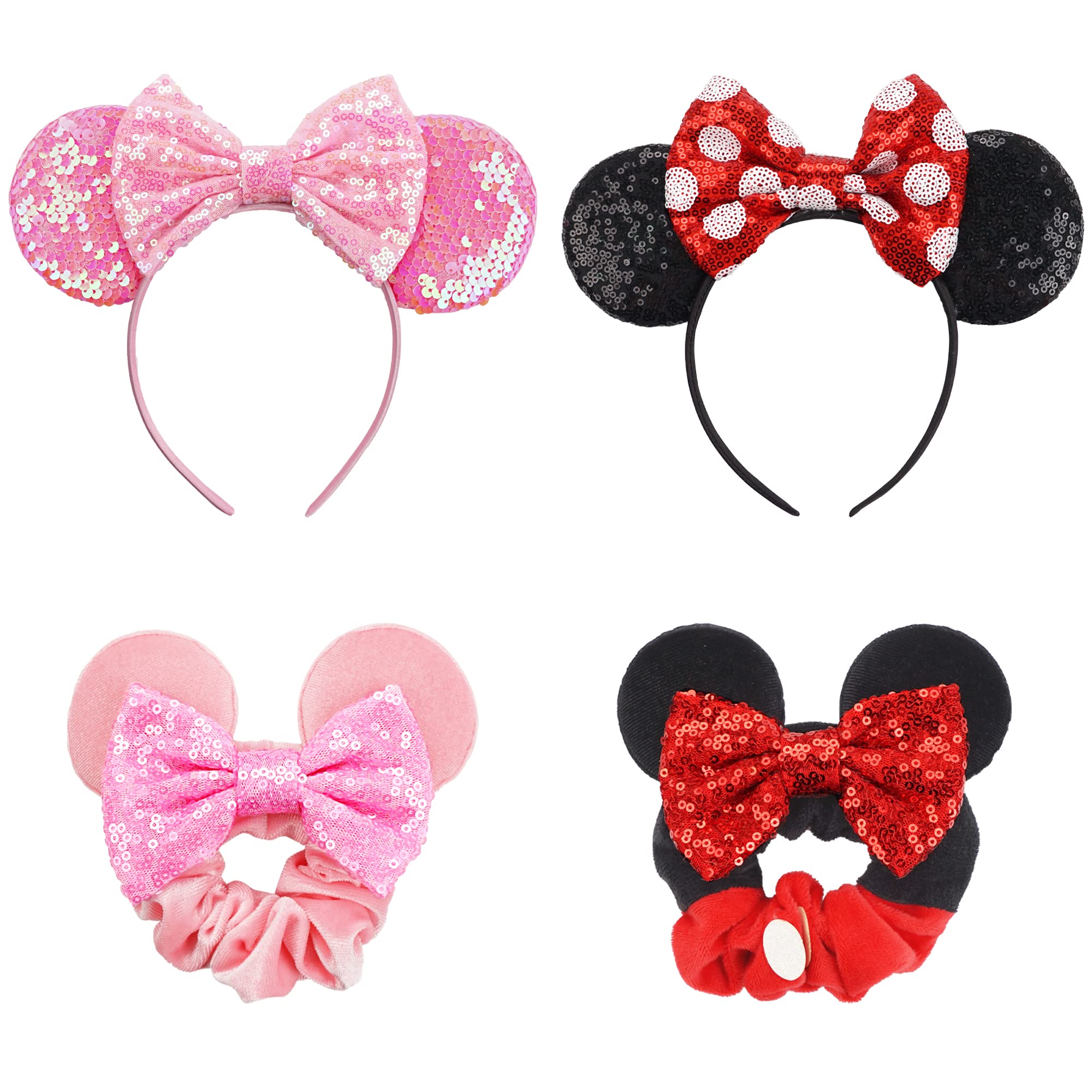 2Pcs Shiny Mouse Ears Headband an2Pcs Sequin Mouse Ears Velvet Scrunchies with Bow Hairs Accessories for Girls Women Adult Kids Birthday Party (Red and pink)