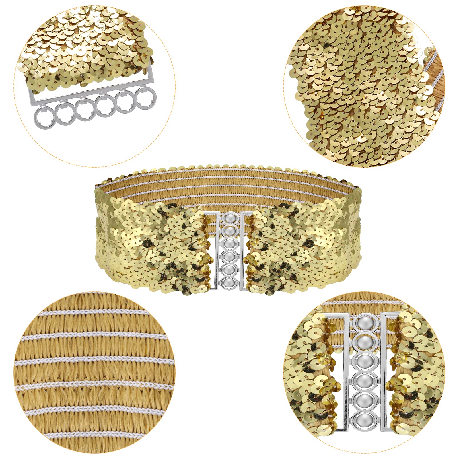 Grevosea 3 Pieces Sequin Belt Dress Belts for Women, Gold Wide Waist Belt Elastic Stretch Waistband Cinch Belt Metal Buckle for 70s 80s Costume Party Disco Party Women Girls (Gold Silver Black)