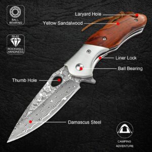 KOMWERO Damascus Pocket Knife for Men, VG10 Core Damascus Steel Folding Knife with Wood Handle, Ball Bearing, Thumb Hole, Liner Lock, Sheath for EDC Outdoor Survival Hunting