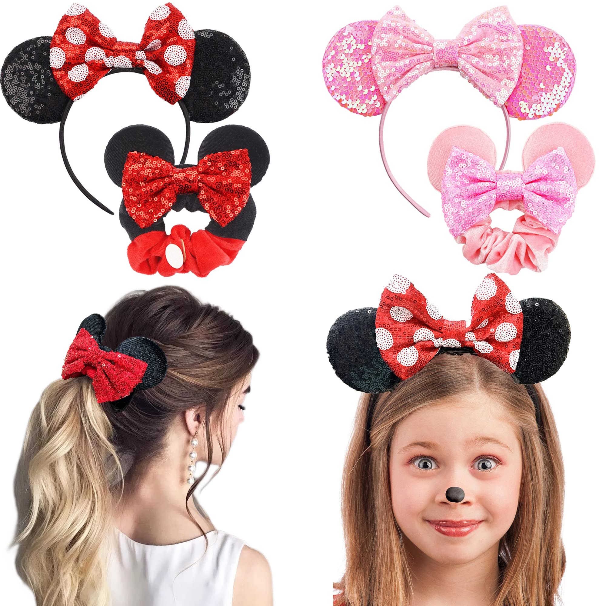 2Pcs Shiny Mouse Ears Headband an2Pcs Sequin Mouse Ears Velvet Scrunchies with Bow Hairs Accessories for Girls Women Adult Kids Birthday Party (Red and pink)